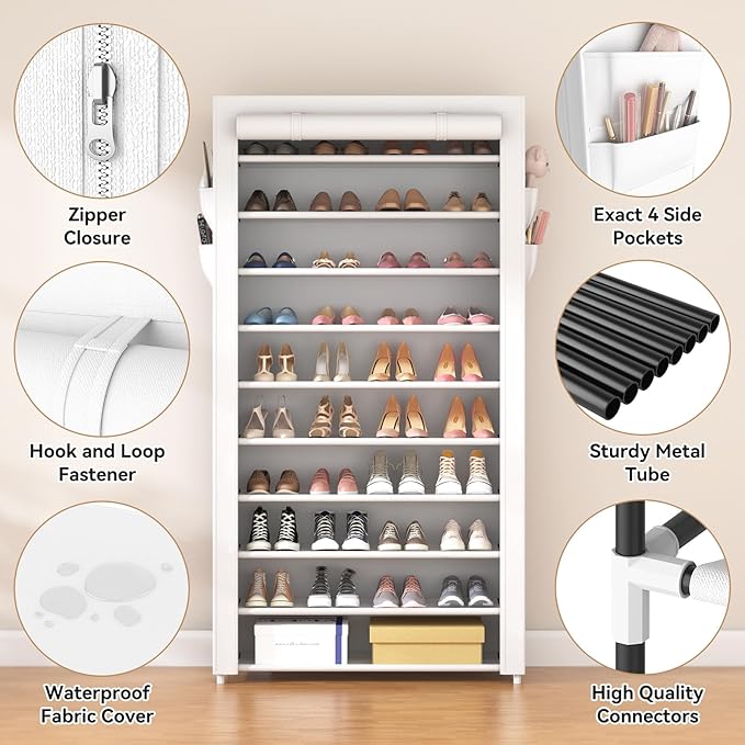 ROJASOP Shoe Rack with Covers 10 Tier Large Shoe Organizer Tall Shoe Closet
