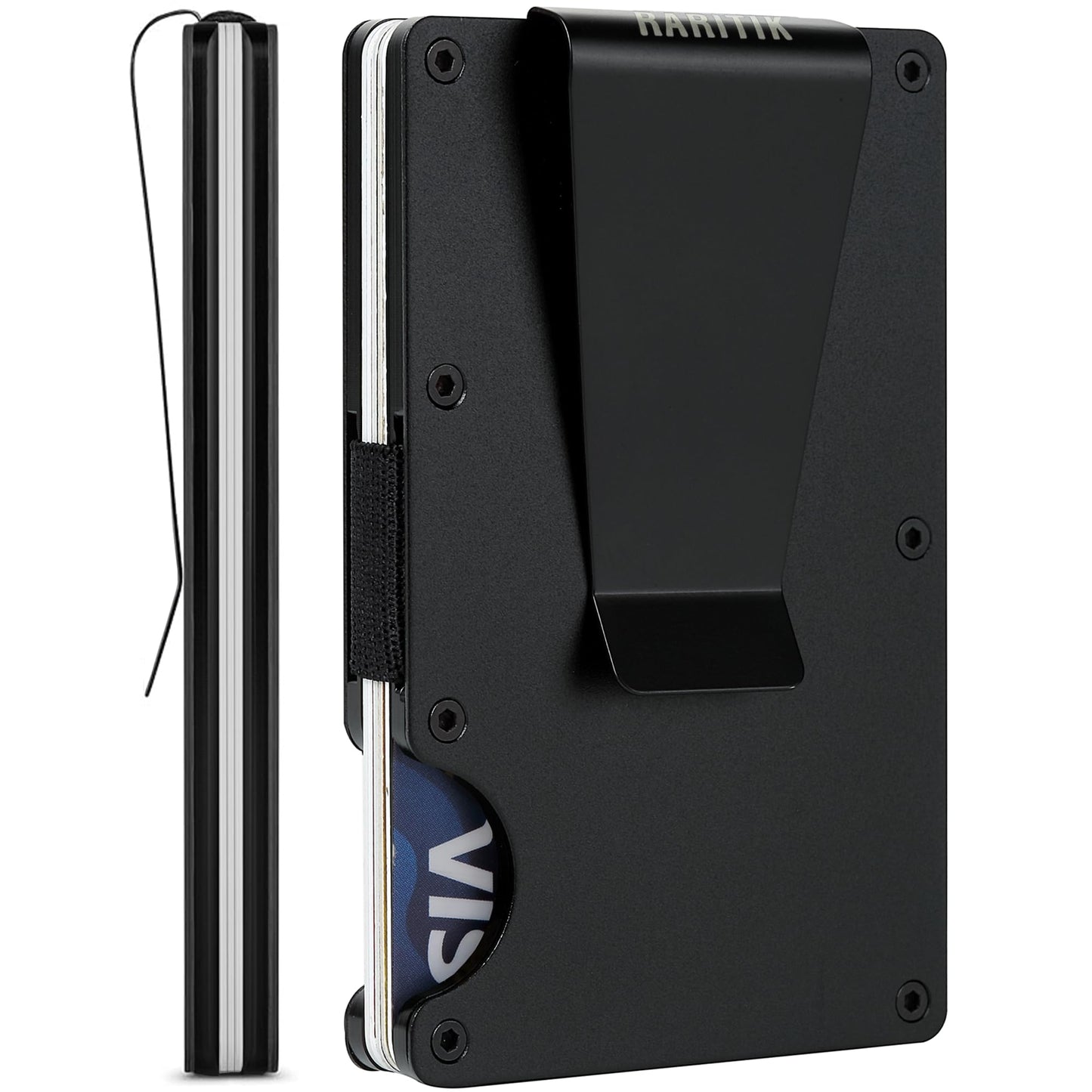 RARITIK Minimalist Carbon Fiber Wallet for Men, Money Clip Cash Strap Wallet, RFID Blocking Metal Wallet Aluminum Card Holder,Front Pocket Wallet(Matte Black)