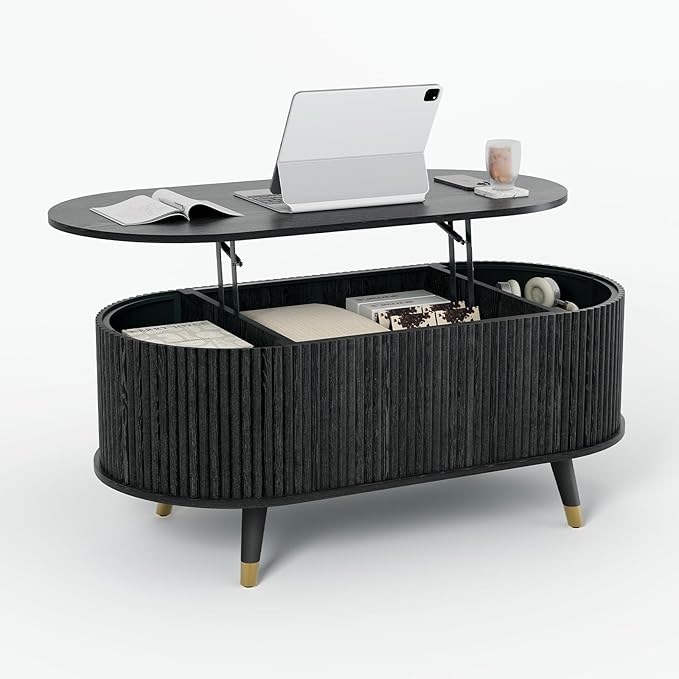 SULIVES Oval Coffee Table with Storage, Small Fluted Center Table