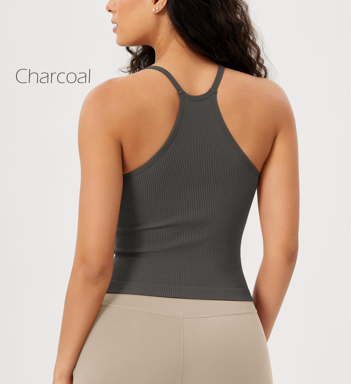 ODODOS Women's 3-Pack Seamless Cami Tops Ribbed Camisole Tank Top, Mushroom Taupe Charcoal, Medium/Large