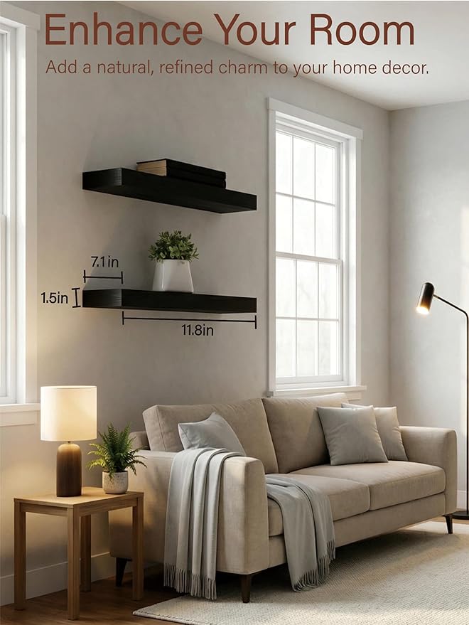 Solid Wood Floating Shelves, 11.8in Finished Real Wood Wall Shelves