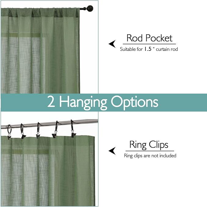 Chyhomenyc Sage Green Semi Sheer Curtains 36 Inch Length, Light Filtering Faux