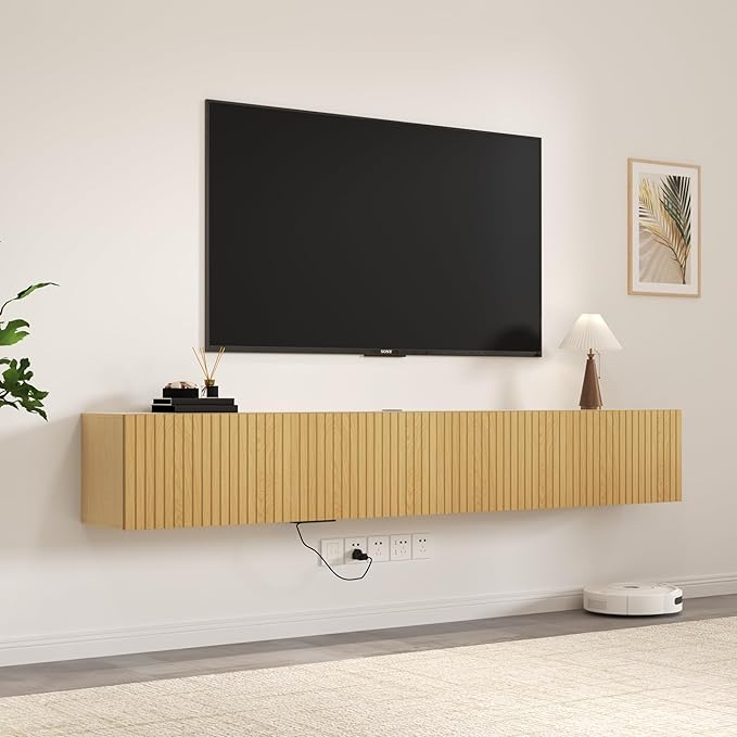 71” Floating TV Stand with LED Lights & Charging Station, Wall Mounted
