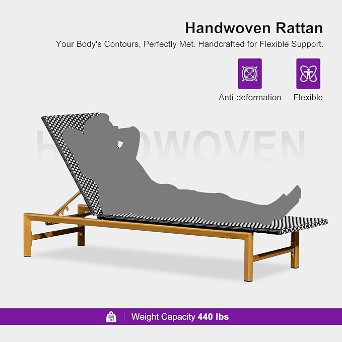 PURPLE LEAF Patio Chaise Lounge French Outdoor Lounger 1 Piece Wood-Grain
