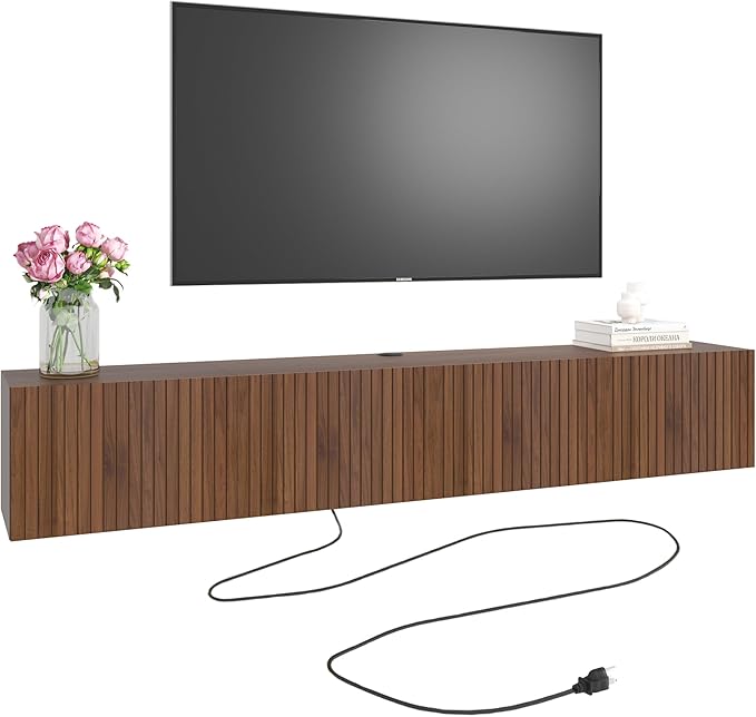 71” Floating TV Stand with LED Lights & Charging Station, Wall Mounted
