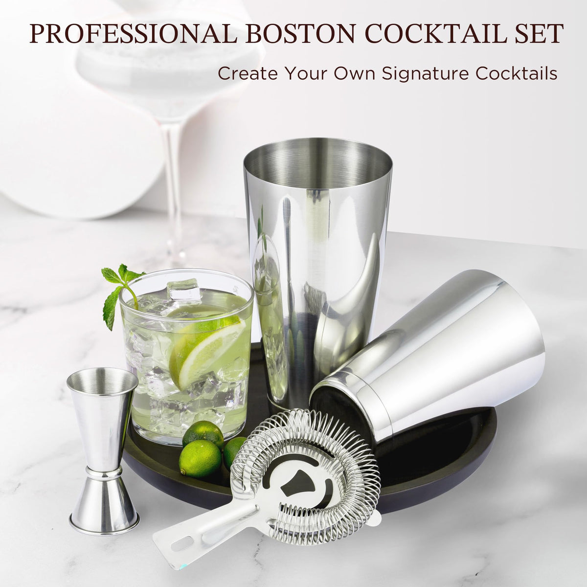 KITESSENSU Boston Cocktail Shaker Set, 8-Piece Professional Bartender Kit with Stainless Steel Martini Drink Mixer, Hawthorne Strainers, Double Jiggers, Dishwasher Safe Bar Tools for Home Bars & Gifts