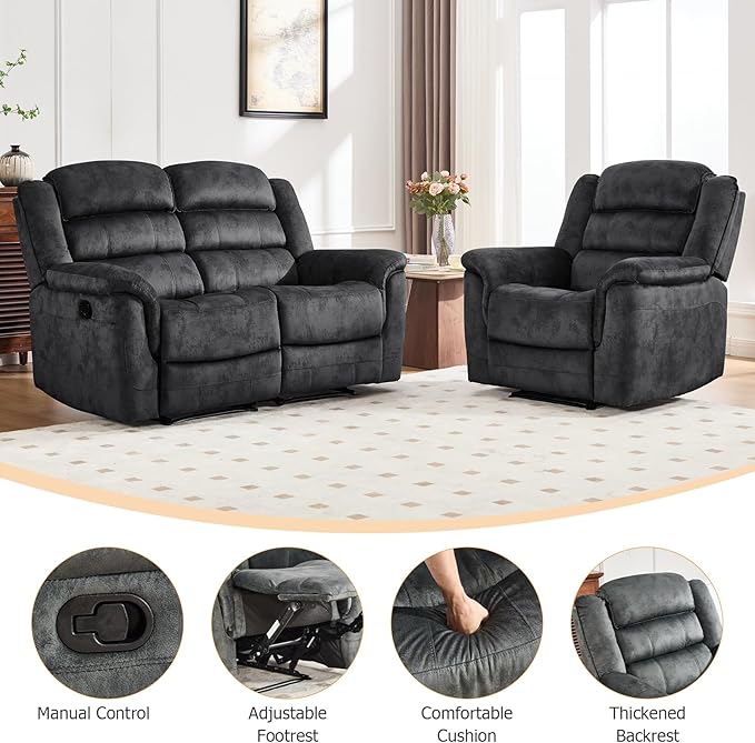 EBELLO 2 Pieces Reclining Loveseat Couch Furniture Set, Soft Fabric Manual