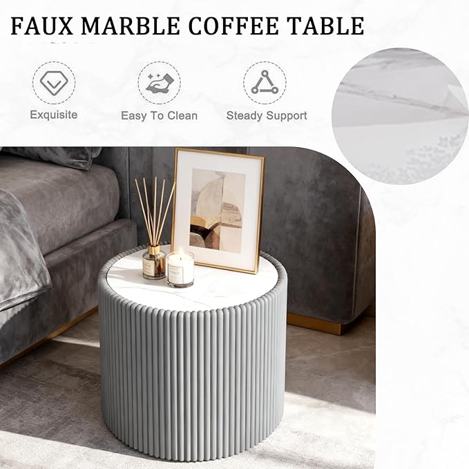 Marble Round Side Table, 17.71" Fluted End Table
