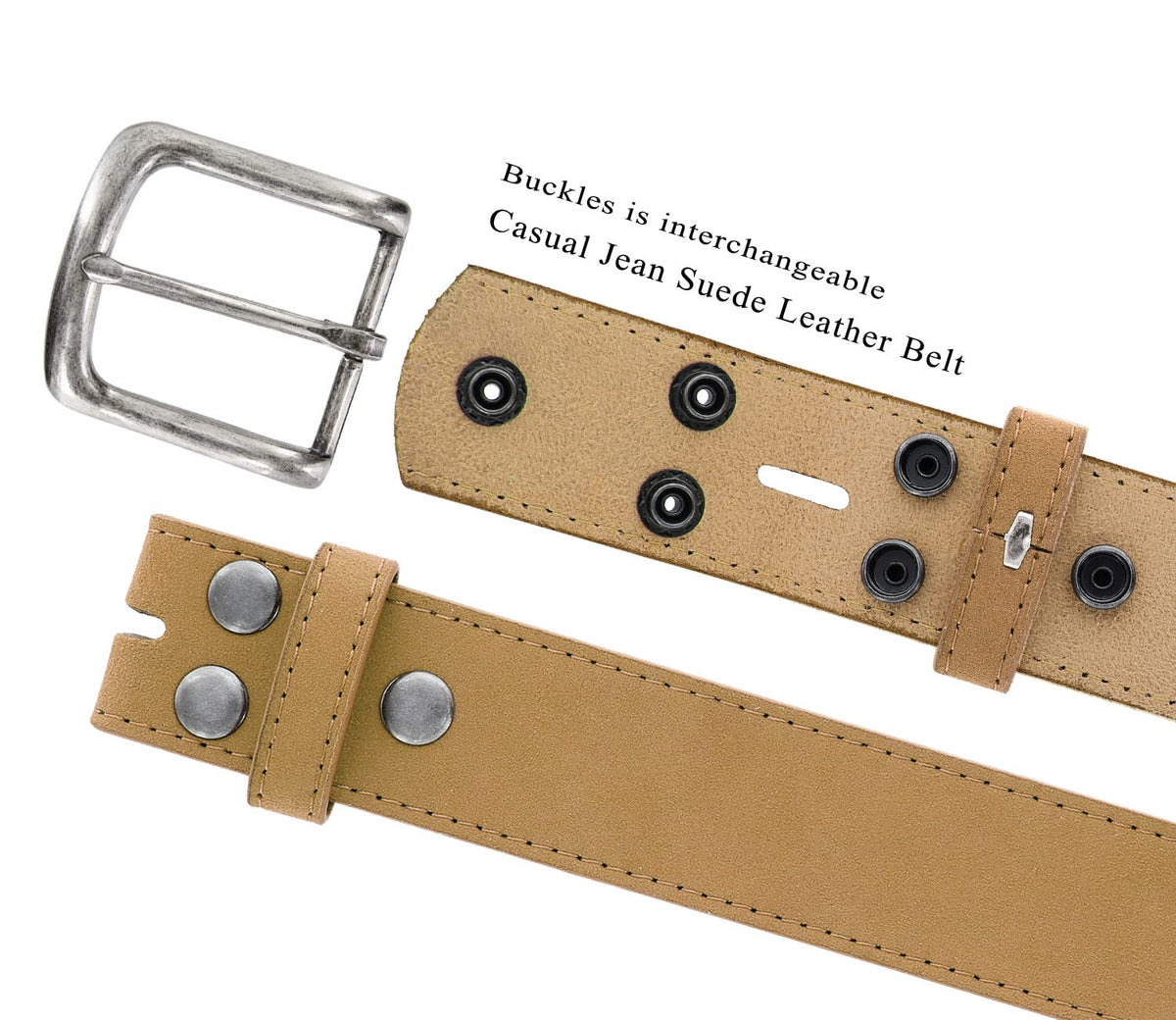Men's Belt Rounded Edge Heel Bar Buckle Casual Jean Suede Leather Belt 1 1/2" Wide (Taupe, 30)