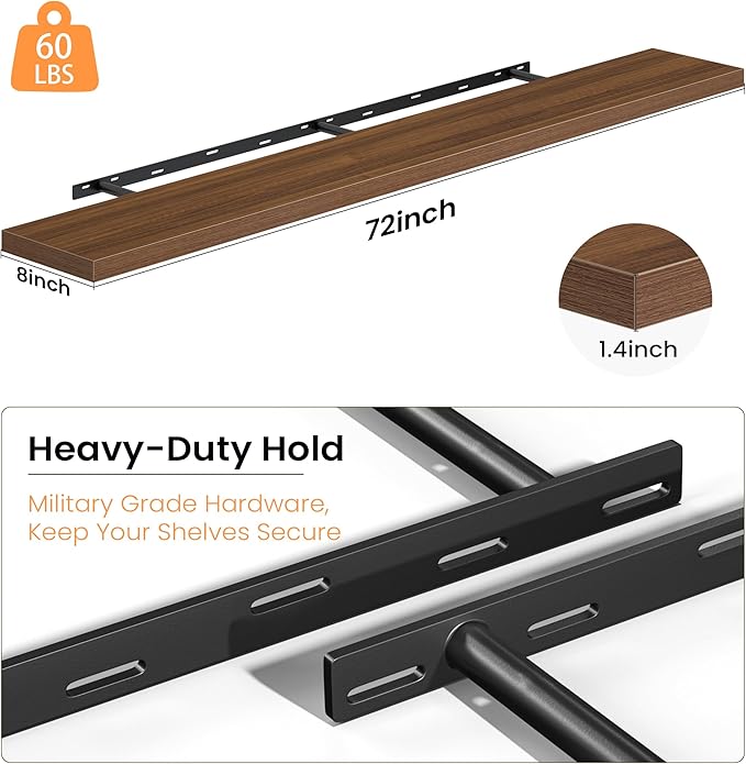 Fun Memories Floating Shelves for Wall, 72 Inch Long Set of 2 Rustic Wood Wall