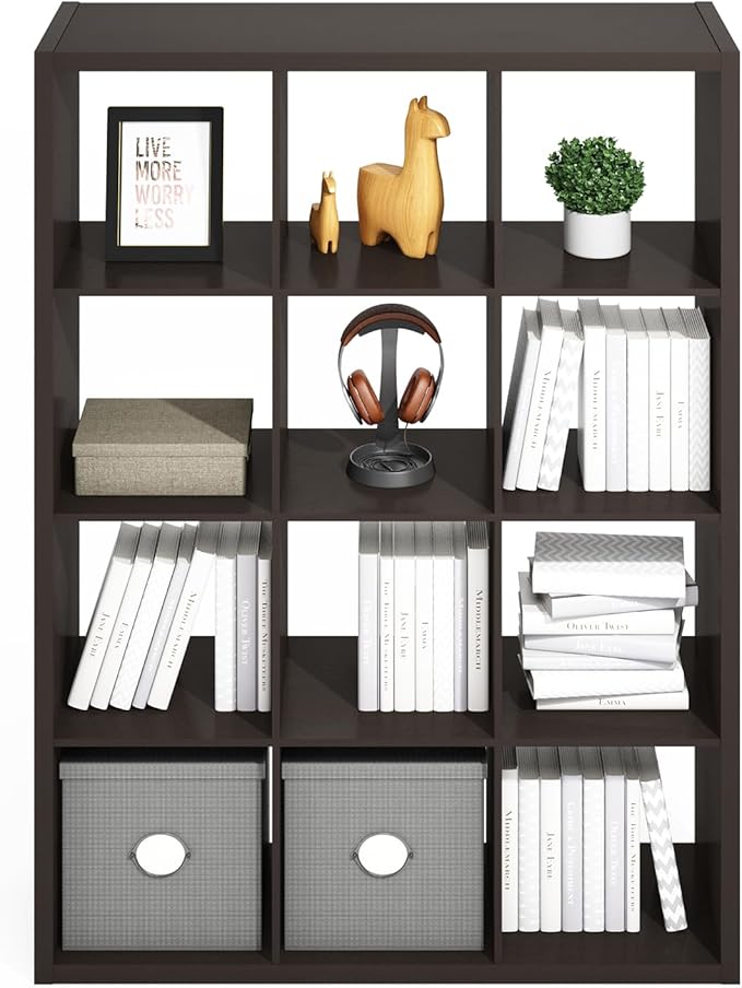 Furinno Simple Cube Storage Organizer, 12-Cube Display Shelf, Open Back