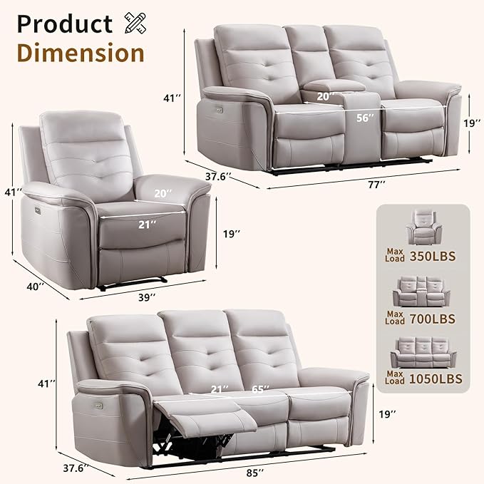 ANJ 3-Piece Faux Leather Power Recliner Sofa Set
