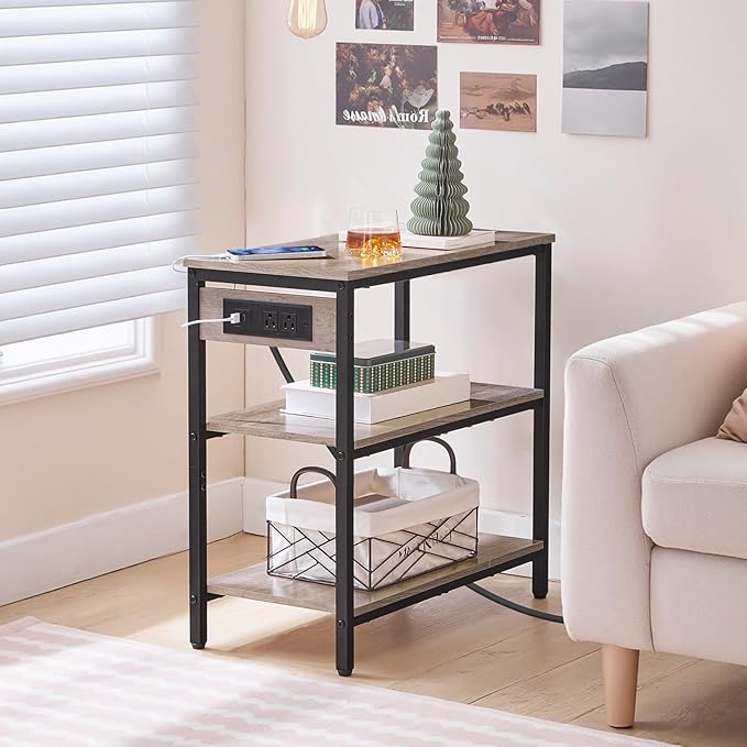 HOOBRO End Table with Charging Station, Simple Rustic Side Table with 3-Tier