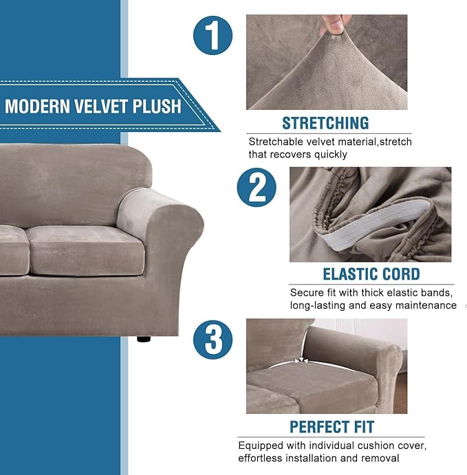 H.VERSAILTEX Velvet 4 Piece High Stretch Sofa Slipcover Cover Furniture