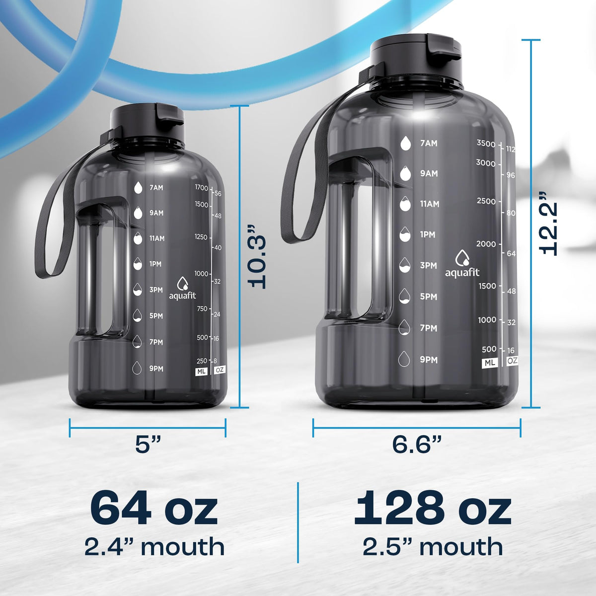 AQUAFIT 64 oz Water Bottle with Time Marker - Straw & Chug Lid - BPA Free Half Gallon Gym Water Bottle with Handle - Big Gallon Jug (Gray, 64 Ounces)