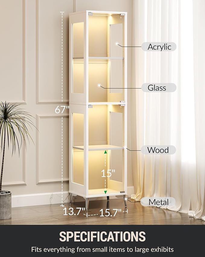 Glass Display Cabinet, 4-Tier Curio Cabinet, Adjustable Shelves, 000 Color