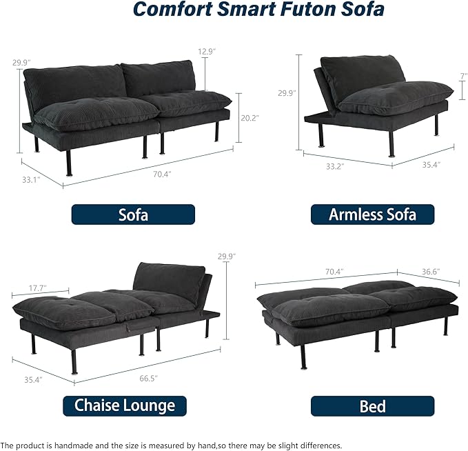Ribilake 3 Sets 70" Futon Sofa Bed, 4 in 1 Multi-Function Couch Sleeper