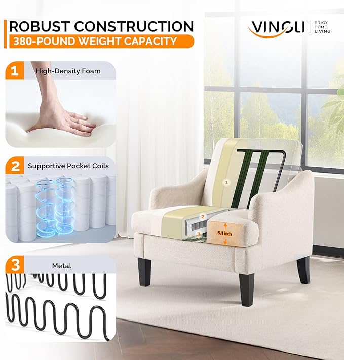 VINGLI Linen Fabric Accent Chair Beige, Modern Upholstered Armchair, Comfy Sofa