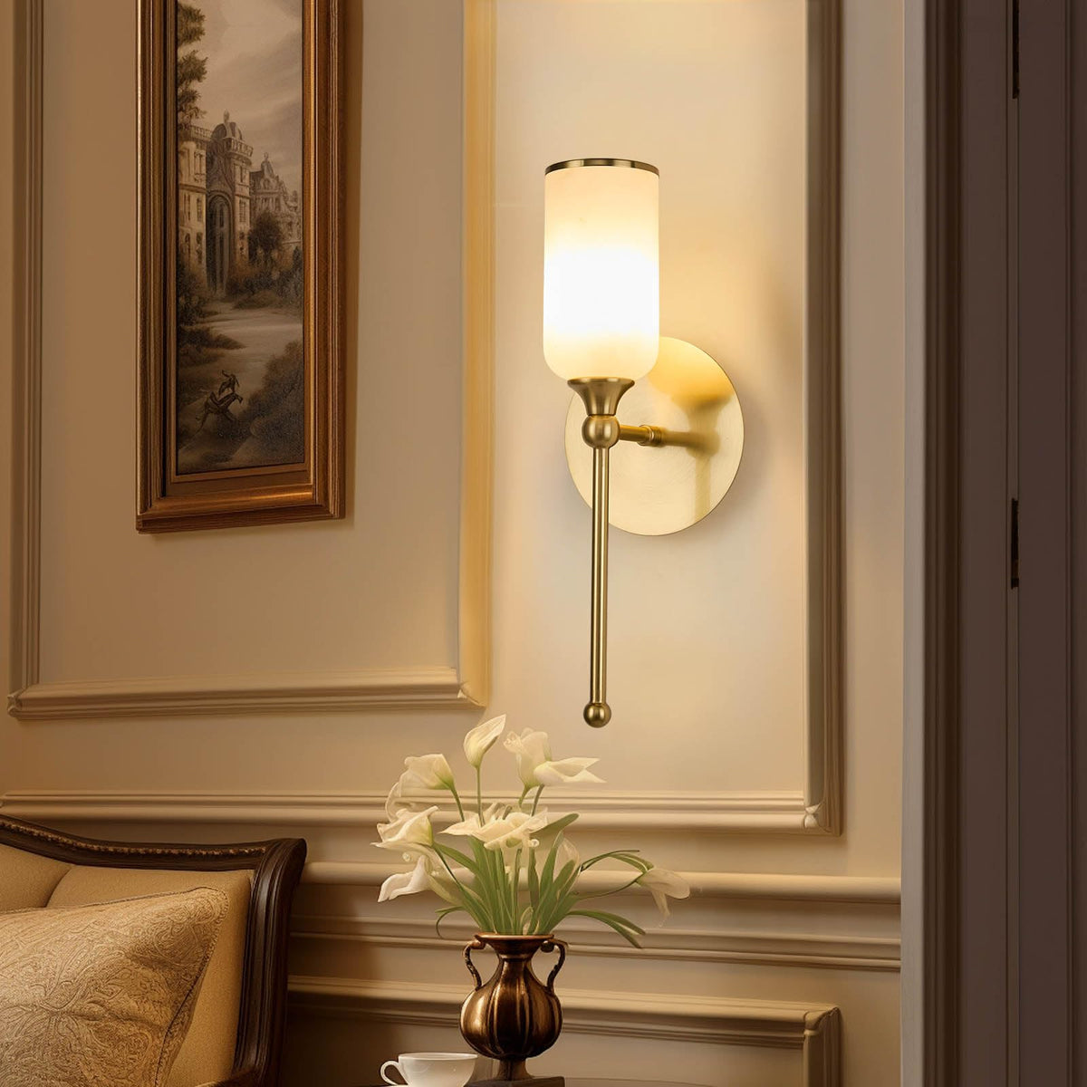 Fanyank Vintage Alabaster Wall Sconce, 15.4inch Natural Marble Lampshade Wall Sconce, Hardwired Sconce LED Modern Wall Lamp for Bedroom, Stairs, Living Room, Bedside, Hallway Gold