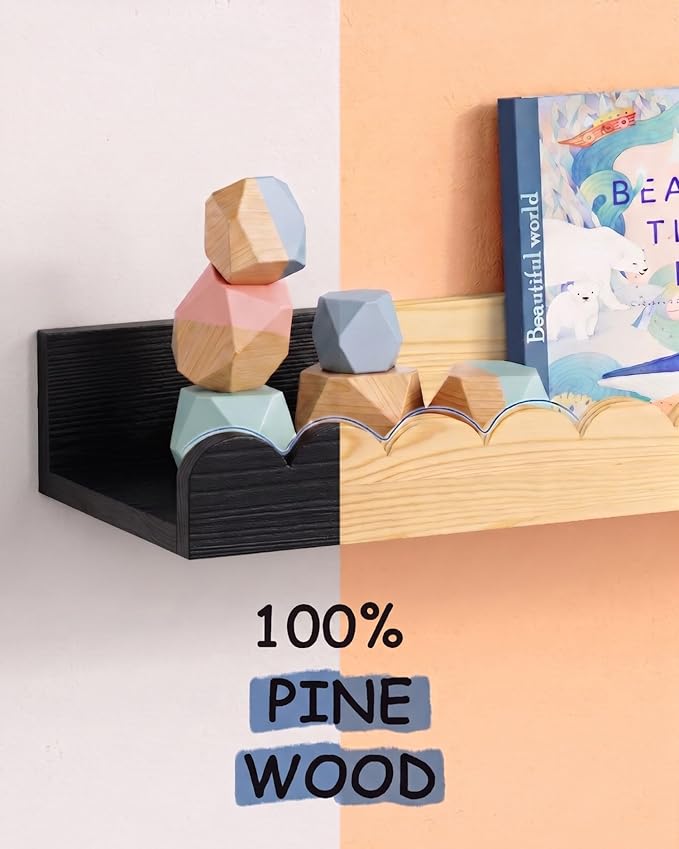 Harwaya Black Floating Nursery Wall Book Shelves Set of 4, Scalloped Shelves