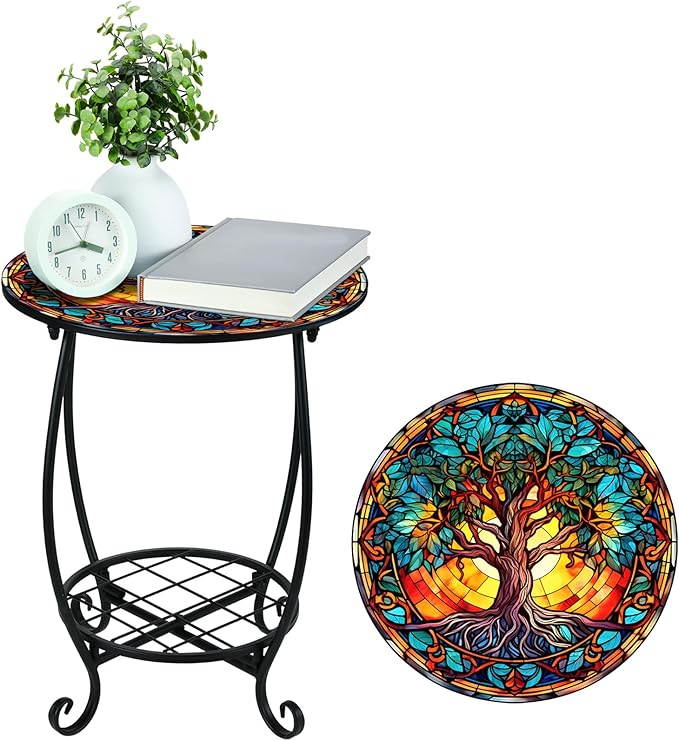 Cinnvoice Outdoor Side Table Round Small Mosaic Patio Accent Indoor End Plant