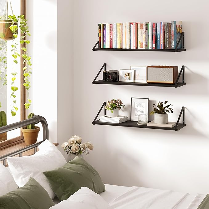 BAMEOS 24X8 Floating Shelves Rustic Wood Wall Shelf Set of 3, Bookshelf