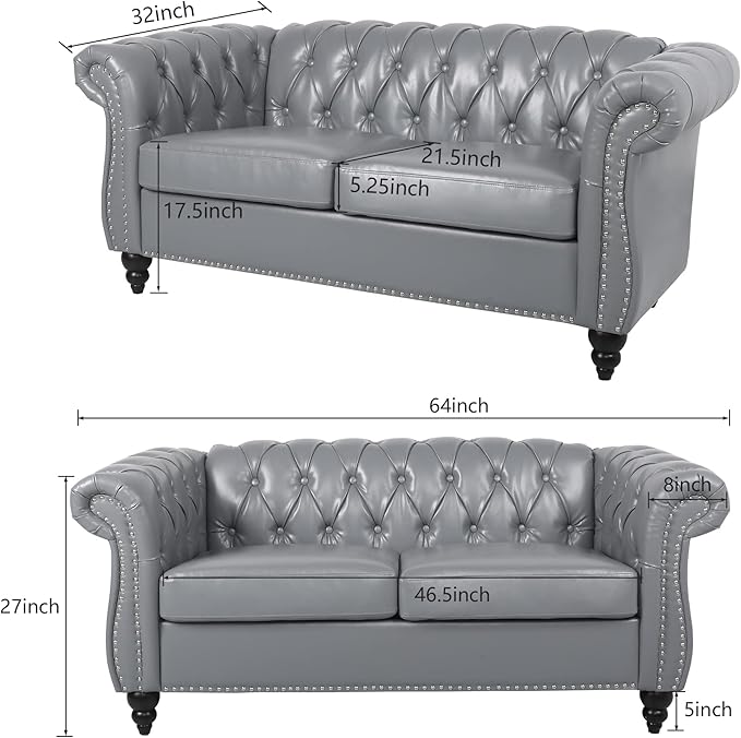 LEVNARY Leather Sofa, Chesterfield Tufted Upholstered 2 Seater Couch, Modern