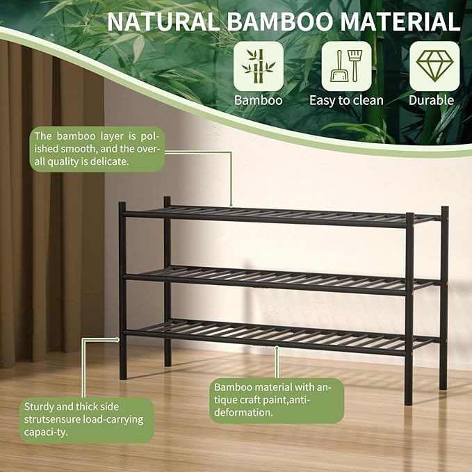 ROMGUAR CRAFT 3-Tier Bamboo Long Shoe Rack, Free Standing Wood Shoe Shelf