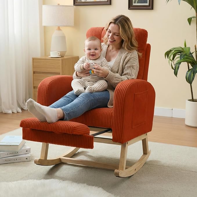 NIOIIKIT Nursery Rocking Chair, Corduroy Upholstered Rocking Chair