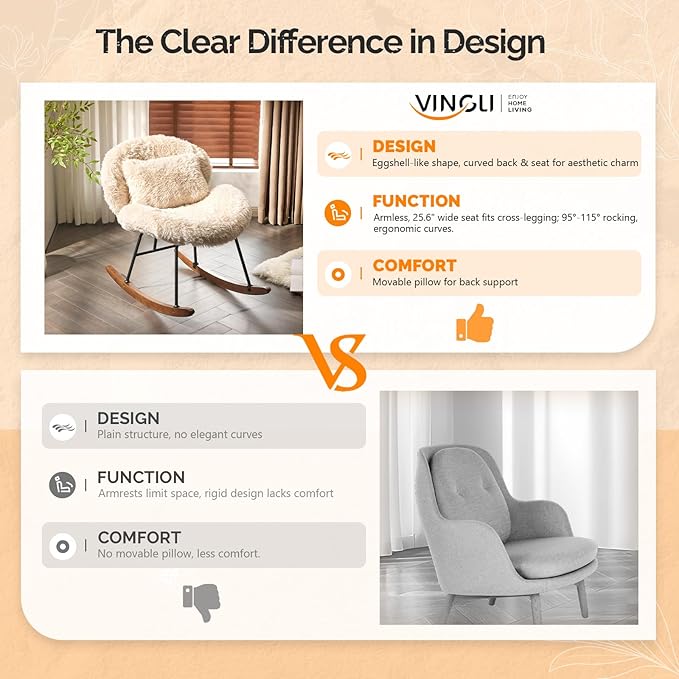 VINGLI 25.6" Extra Wide Criss Cross Nursery Rocking Chair, Cute Curved 115°