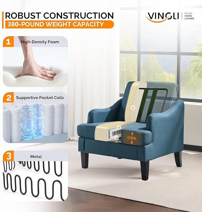 VINGLI Linen Fabric Accent Chair Navy Blue, Modern Upholstered Armchair