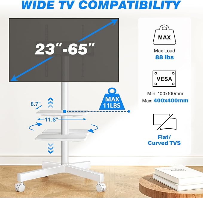 Rfiver Mobile TV Stand for 23-65 Inch LCD LED Flat/Curved Panel Screen TVs up