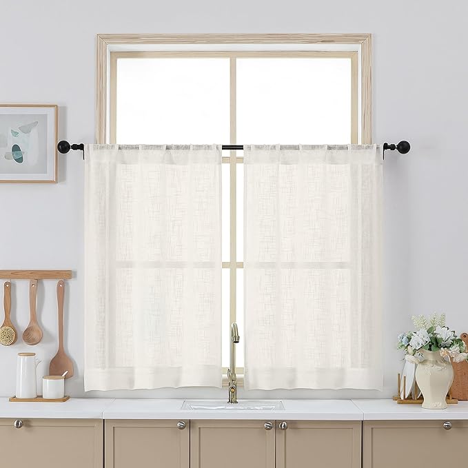 Chyhomenyc Ivory Semi Sheer Curtains 36 Inch Length, Light Filtering Faux Linen
