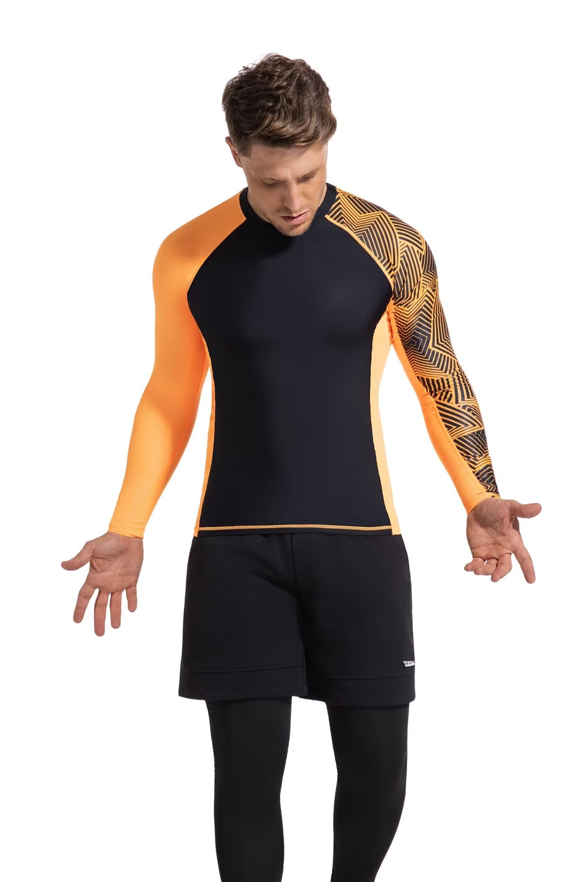 USKOY Men's Rash Guard Long Sleeve UPF 50+ Base Layer Skins Compression Shirt Performance Fit Black Orange X-Large