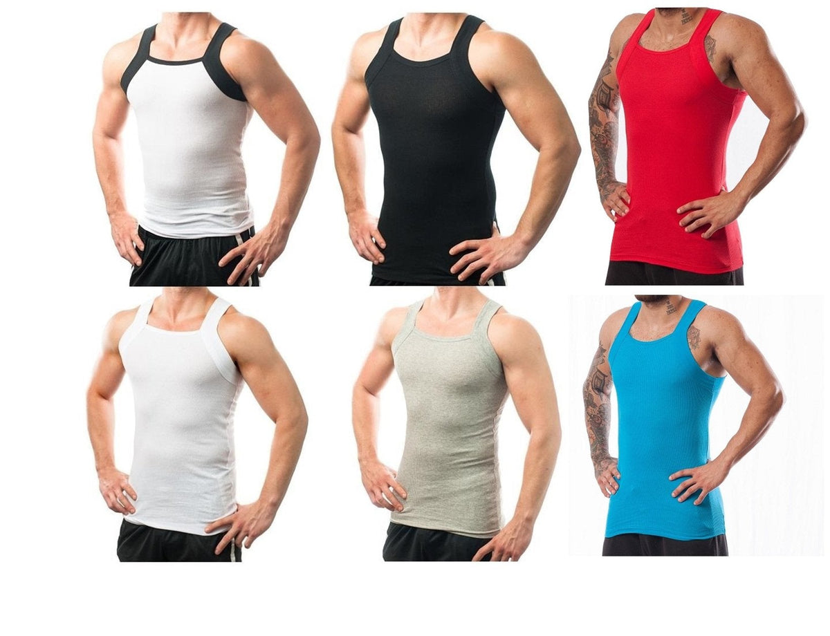 Different Touch Men's G-Unit Style Tank Tops Square Cut Muscle Ribbed Underwear Shirts (M, 6 Pack (Assorted))