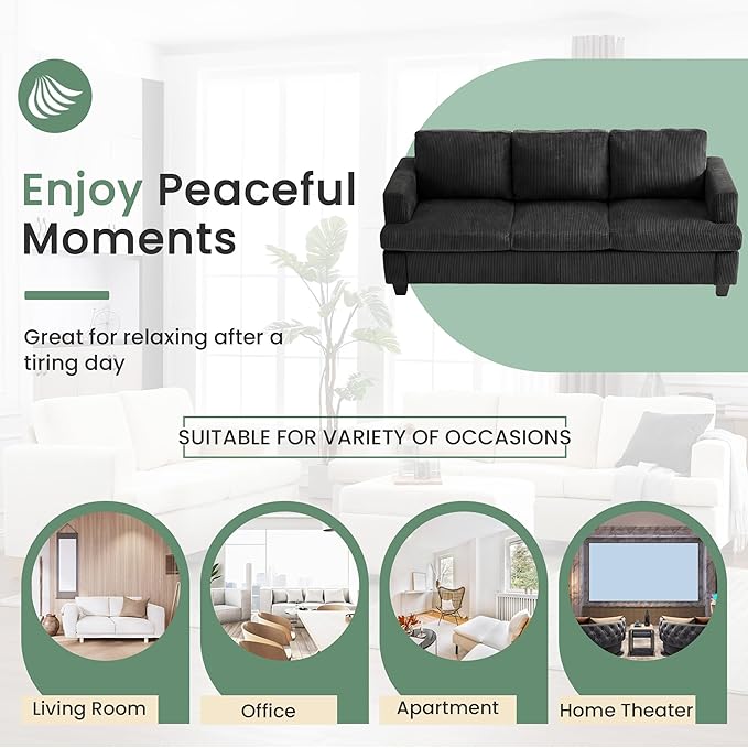 3 Seater Corduroy Couch for Living Room, 89” Black Cloud Sofa, Deep Seat Floor