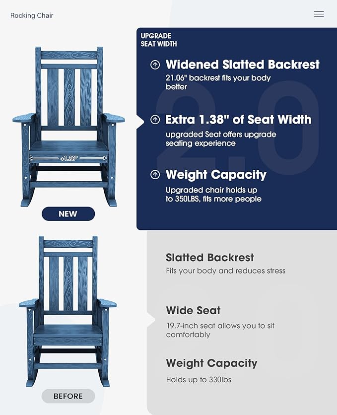 KINGYES Oversized Outdoor Rocking Chair Set of 2, All-Weather Patio Rocking