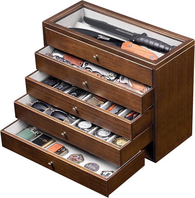 5-Tier Large Knife Display Case & Organizer, Wooden Pocket Knife Storage Box