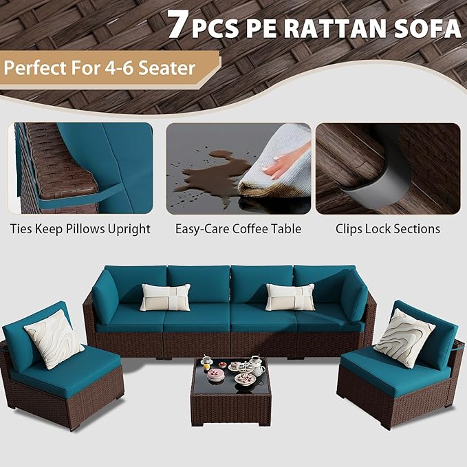 KIGOTY Patio Furniture Set, 7 Pieces Modular Outdoor Sectional Sofa, PE Rattan