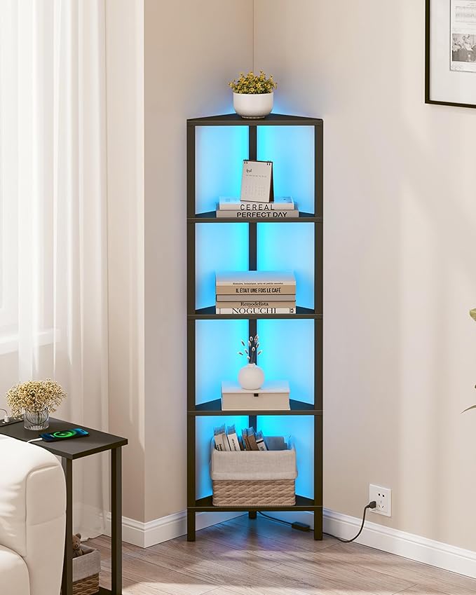 TUTOTAK Corner Shelf with LED Light, 5-Tier Corner Bookshelf