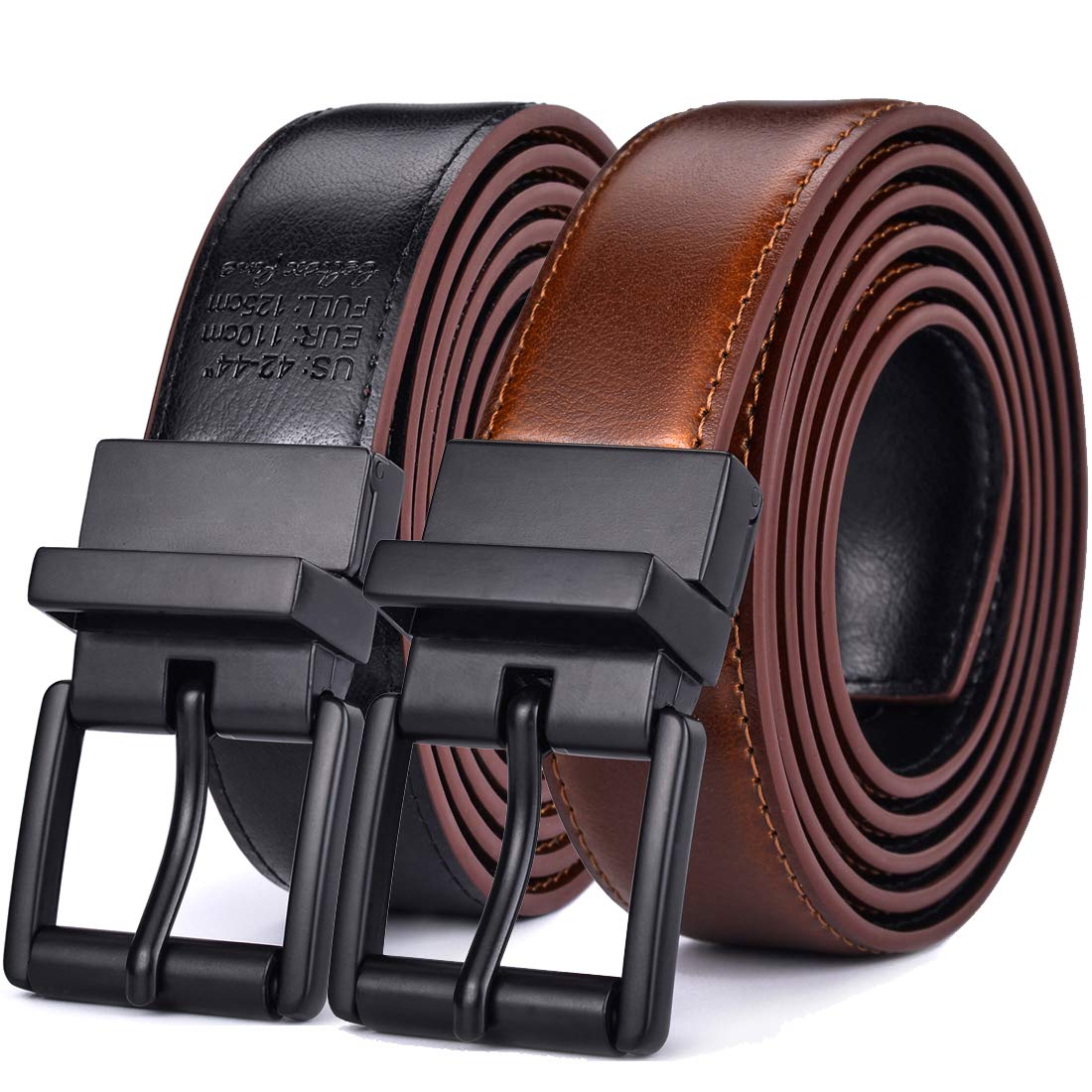 Beltox Men’s Belts Dress Casual Reversible Leather 1.1” w Roller Buckle Rotated(Black/Brown w Black Buckle, 44-46)