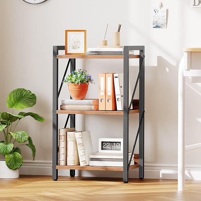 HOOBRO Bookshelf, 3-Tier Industrial Bookcase, Book Shelf Storage Organizer