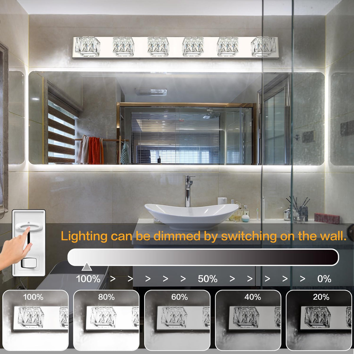 ZUZITO 6 Lights Bathroom Vanity Light - LED Bathroom Lights Over Mirror 5CCT Dimmable - Modern Crystal Chrome Vanity Wall Light