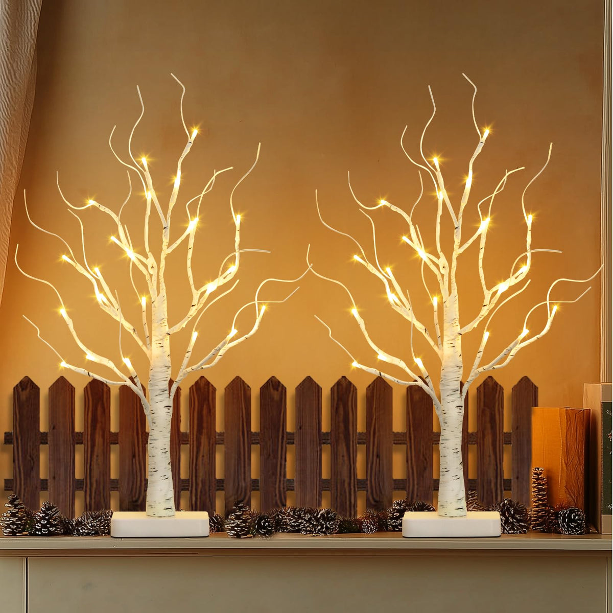 EAMBRITE Birch Tree with Led Lights, White Christmas Tree, Lighted Mini Small Artificial Tree Lamp Prelit Twig Trees Timer Battery Operated for Table Centerpiece Easter Home Decorations Indoor 2Pack