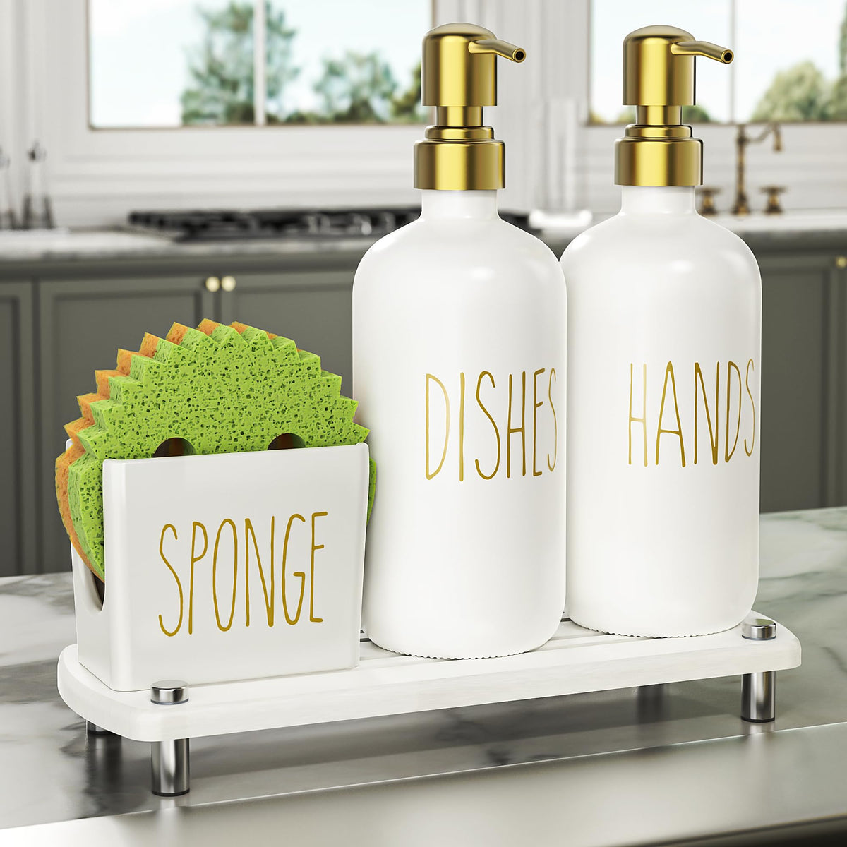 Cisily Kitchen Soap Dispenser Set Comes with Ceramics Sponge Holder, Gold Pumps, and Instant Dry Tray, Hand and Dish Soap Dispenser Set (4, Gold + White + Sponge Holder)