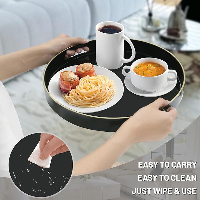 MAONAME Black Decorative Tray for Coffee Table, Modern Round Serving Tray