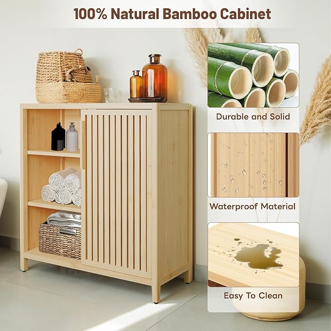 Bamboo Bathroom Cabinet, Side Storage Organizer Cabinet