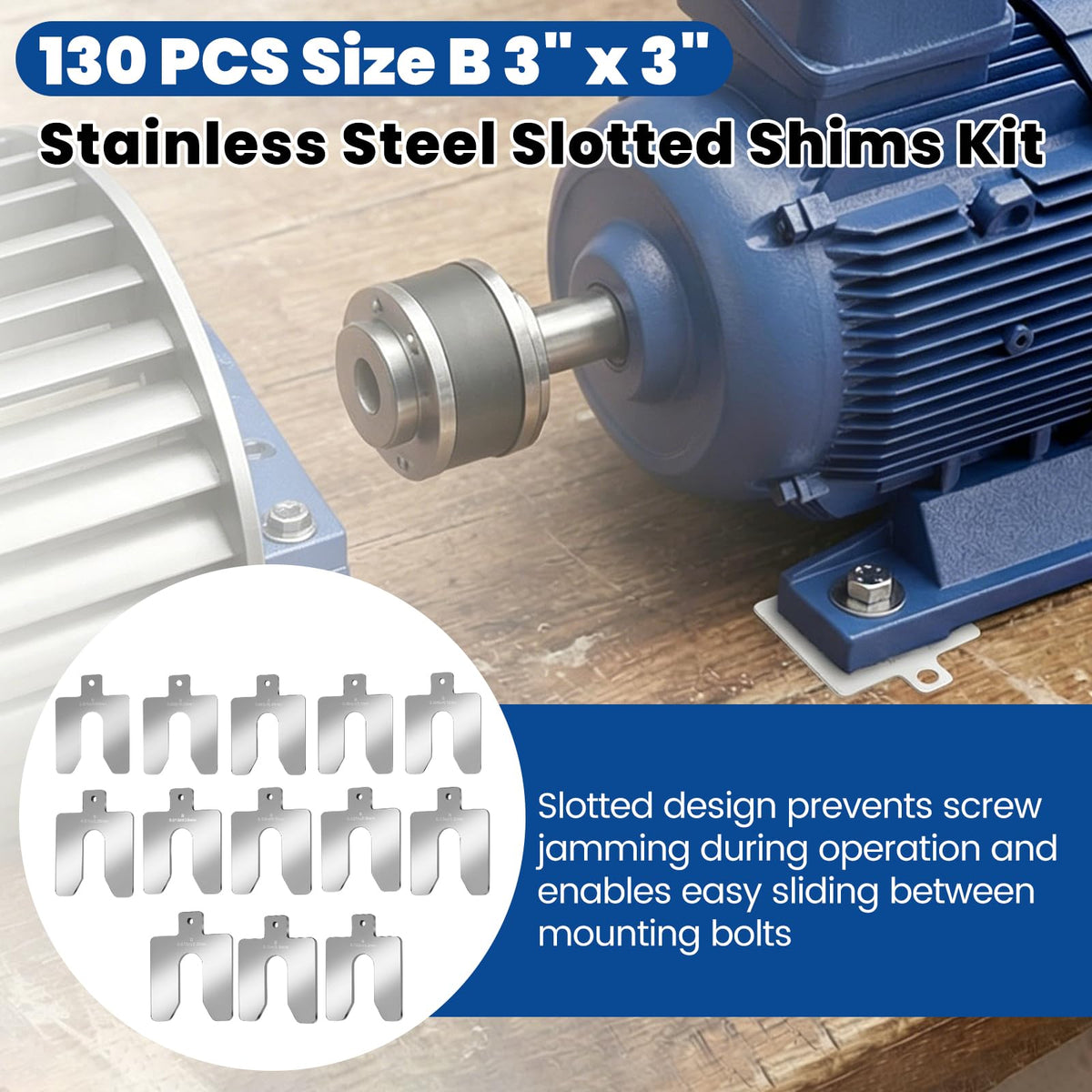 130 PCS Size B 3" x 3" Slotted Shims Kit, 304 Stainless Steel Slotted Shim Kit with Storage Box, Precision Laser-Cut Alignment Metal Shims for Leveling Machinist Tools