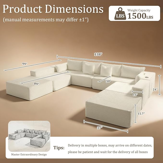 138" Cloud Sectional Couch, Comfort U Shaped Sofa