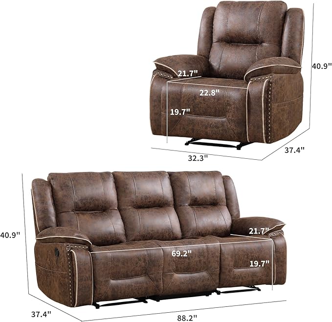 EBELLO Faux Leather Manual Recliner Sofa Set, Double 1 Seat Reclining Chair
